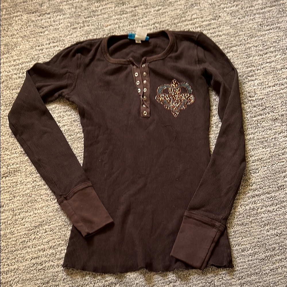 Brown Fitted Embellished Polo Blouse
